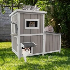 Alternative view of PETSCOSSET PET19 Outdoor Cat House 2 Story with 3 Escape Doors, Feral Cat House with 2 Rest Rooms for 2-3 Cats,Grey