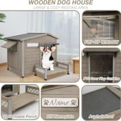 Alternative view of PETSCOSSET PET66 Wooden Dog House Outdoor, Weatherproof Durable Dog Kennel Outside with Porch,27.34/30/27.8in,Grey