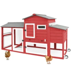 PETSCOSSET PET05 Large Chicken Coop with Wheels,Hen House Outdoor for 2-3,2 Story Poultry Cage Coop and Run,for Small Animals Rabbit,Red