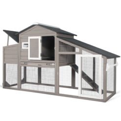 PETSCOSSET PET01 Wooden Chicken Coop with Run Indoor & Outdoor 2 Story Poultry Cage, for 2-3 Chickens, Grey