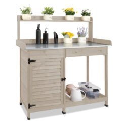 PETSCOSSET GF10 Outdoor Wooden Potting Bench with Metal Tabletop, Waterproof Garden Table, Grey