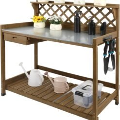 Alternative view of PETSCOSSET GF11 Garden Potting Wooden Benches & Tables, W/Metal Table Top, Drawer, Large Bottom Shelf, Open Shelf,Natural Stained