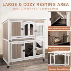 Alternative view of PETSCOSSET PET33 47"L Indoor Wooden 2 Story Rabbit Large Bunny Hutch Outdoor Bunny Cage on Wheels,White/Grey