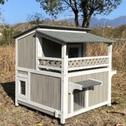 PETSCOSSET PET14 29"L Two Story Wooden Feral Cat House Outside with Balcony Waterproof, Grey