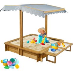 PETSCOSSET GF05 Wooden Sandbox with Cover, Outdoor Sand Box with Lid 2 Side Buckets,Brown
