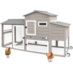 PETSCOSSET PET05 Large Chicken Coop with Wheels,Hen House Outdoor for 2-3, 2 Story Poultry Cage Coop and Run, for Small Animals Rabbit,Grey