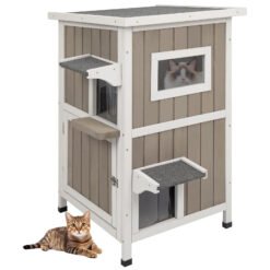 PETSCOSSET PET20 Outdoor Cat House, Two-Story Feral Cat Shelter with Asphalt Roof,Grey