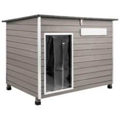 PETSCOSSET PET65 43.3''L Wooden Dog House Outdoor Dog Kennel with Anti-Chewing Iron Frames for Large Sized Dogs,Gray