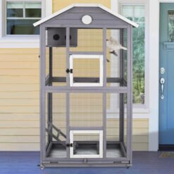 PETSCOSSET PET51 33.8''L Outdoor& Indoor Bird Aviary With Wooden Wheels for Finches Cockatiel Dove, Grey