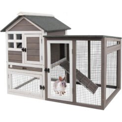PETSCOSSET RAB17 Rabbit Hutch Bunny Cage Indoor, Two-Story Large Rabbit Cage Guinea Pig House with Tray, Gray